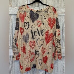 Heart Patterned Sweater with Love Print lightweight sz 3XL